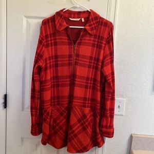 Soft Surroundings red/orange plaid fleece half-zip long sleeve long blouse.